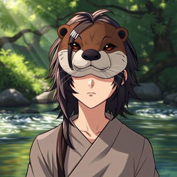 A striking illustration of a human character with a stoic expression, wearing a beautifully crafted otter mask that conveys a sense of tranquility and wisdom