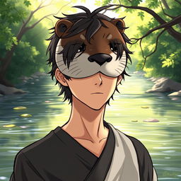 A striking illustration of a human character with a stoic expression, wearing a beautifully crafted otter mask that conveys a sense of tranquility and wisdom