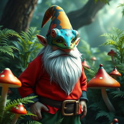 A stoic gnome character wearing a vibrant gecko mask, standing in a magical forest