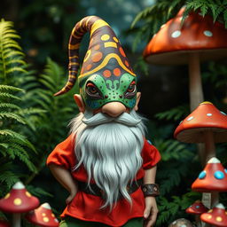 A stoic gnome character wearing a vibrant gecko mask, standing in a magical forest