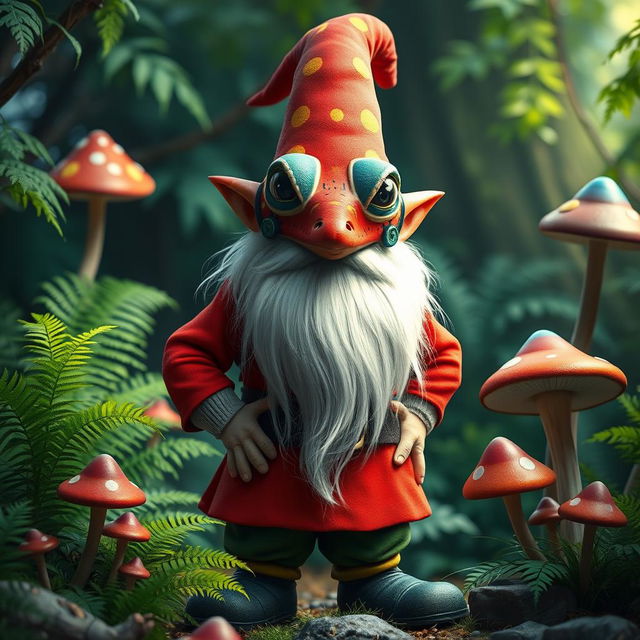 A stoic gnome character wearing a vibrant gecko mask, standing in a magical forest