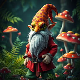 A stoic gnome character wearing a vibrant gecko mask, standing in a magical forest