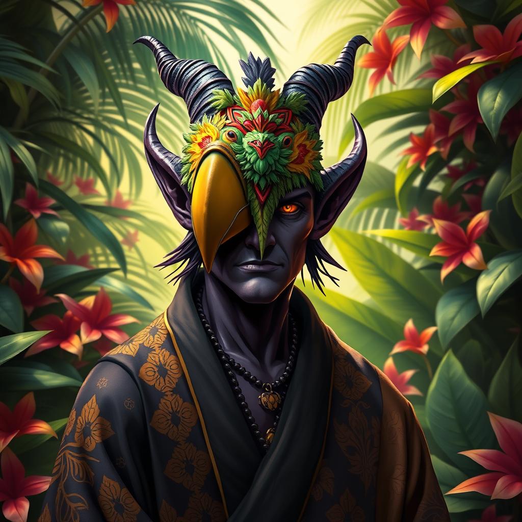 A stoic tiefling character wearing an ornate parrot mask, standing proudly in a lush, tropical setting