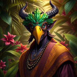 A stoic tiefling character wearing an ornate parrot mask, standing proudly in a lush, tropical setting