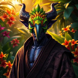 A stoic tiefling character wearing an ornate parrot mask, standing proudly in a lush, tropical setting