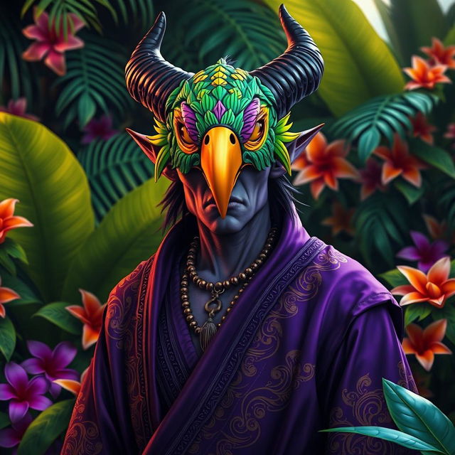 A stoic tiefling character wearing an ornate parrot mask, standing proudly in a lush, tropical setting