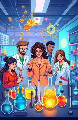 A vibrant and colorful illustration depicting the concept of science, featuring a diverse group of scientists in a high-tech laboratory