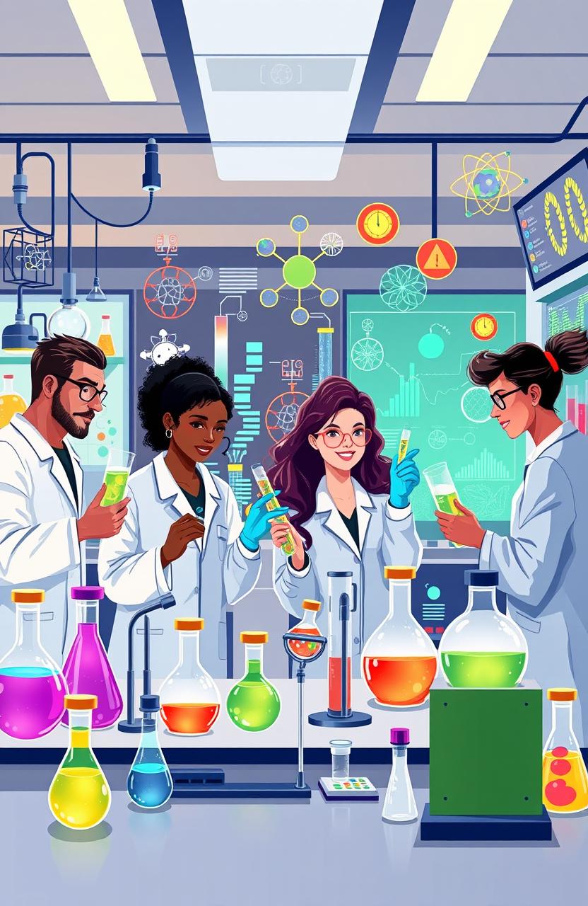 A vibrant and colorful illustration depicting the concept of science, featuring a diverse group of scientists in a high-tech laboratory