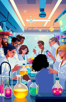 A vibrant and colorful illustration depicting the concept of science, featuring a diverse group of scientists in a high-tech laboratory