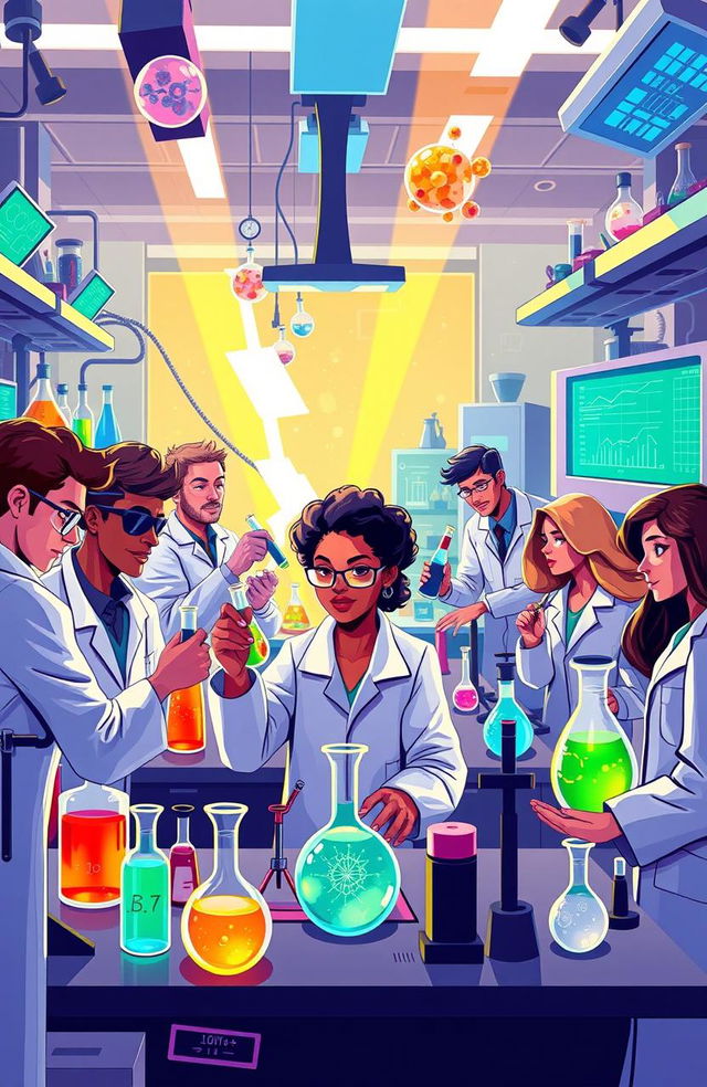 A vibrant and colorful illustration depicting the concept of science, featuring a diverse group of scientists in a high-tech laboratory