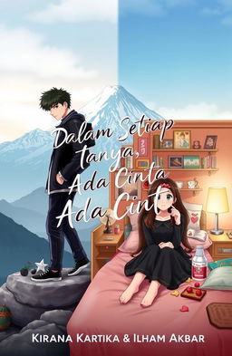 A romantic novel cover design featuring two contrasting characters: a male character with black and white clothing standing or leaning against a mountain backdrop, conveying a sense of calm and natural serenity, with cool vibes