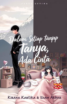 A romantic novel cover design featuring two contrasting characters: a male character with black and white clothing standing or leaning against a mountain backdrop, conveying a sense of calm and natural serenity, with cool vibes