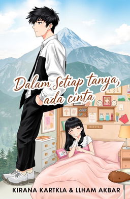 A romantic novel cover design featuring two contrasting characters: a male character with black and white clothing standing or leaning against a mountain backdrop, conveying a sense of calm and natural serenity, with cool vibes