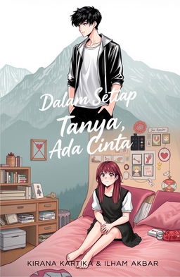 A romantic novel cover design featuring two contrasting characters: a male character with black and white clothing standing or leaning against a mountain backdrop, conveying a sense of calm and natural serenity, with cool vibes