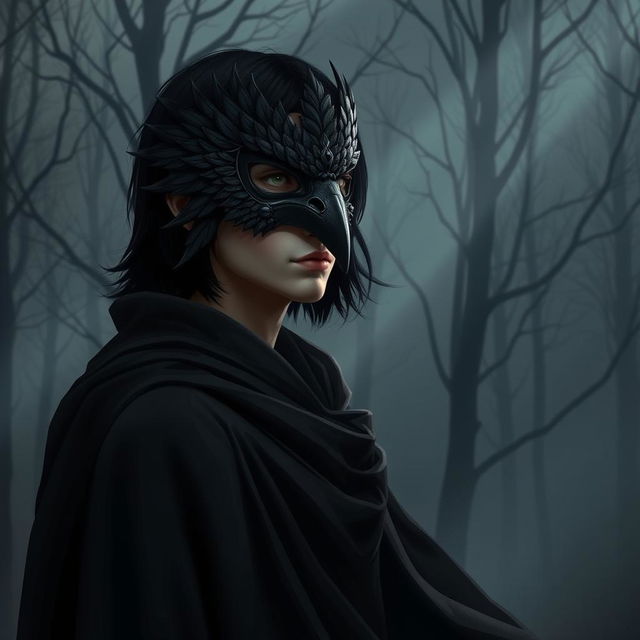 A stoic human character wearing a detailed raven mask, standing against a dramatic, misty backdrop of a dark forest