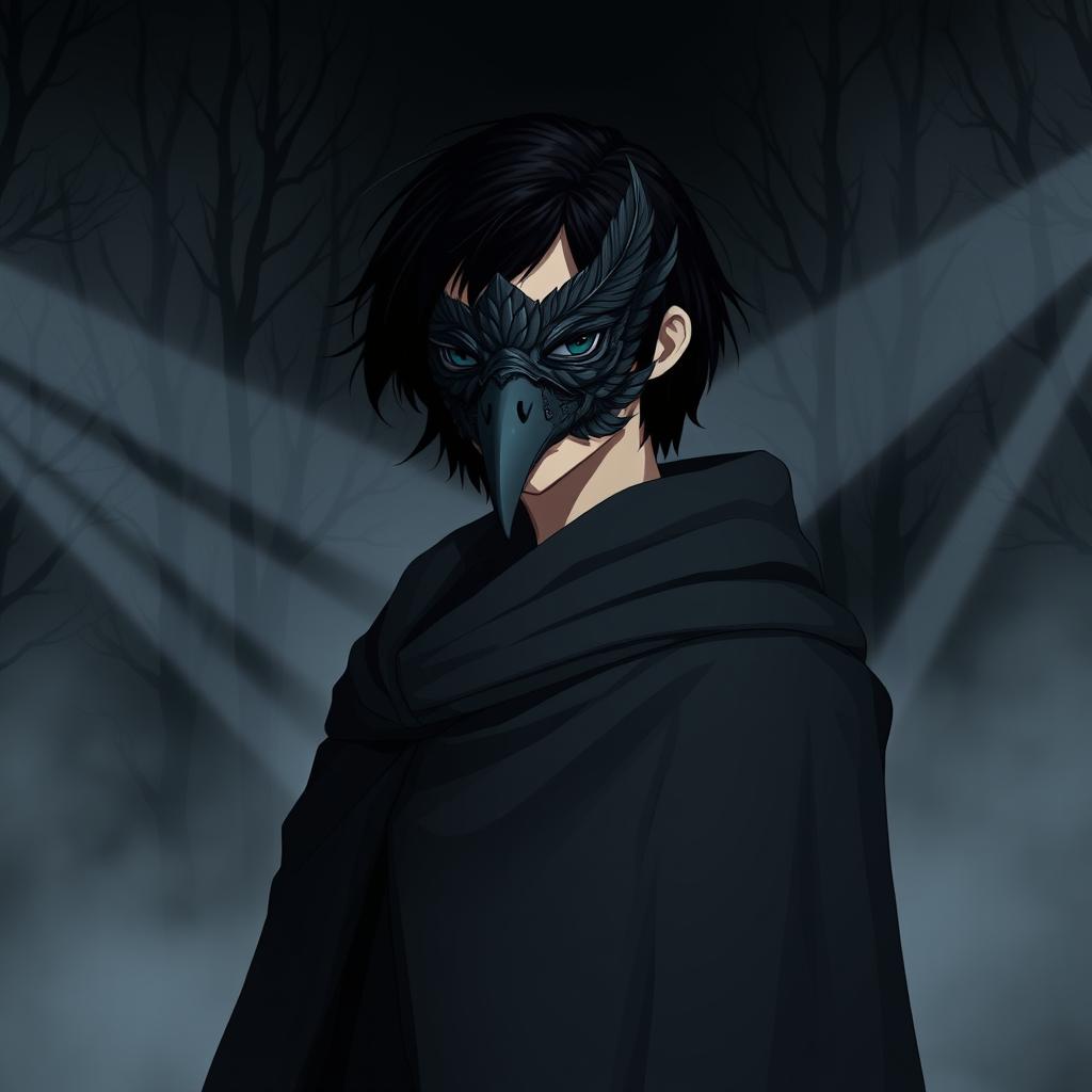 A stoic human character wearing a detailed raven mask, standing against a dramatic, misty backdrop of a dark forest