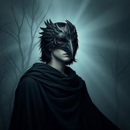 A stoic human character wearing a detailed raven mask, standing against a dramatic, misty backdrop of a dark forest