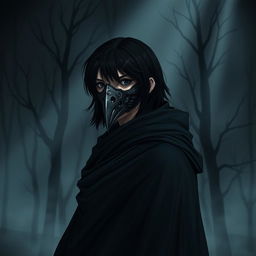 A stoic human character wearing a detailed raven mask, standing against a dramatic, misty backdrop of a dark forest