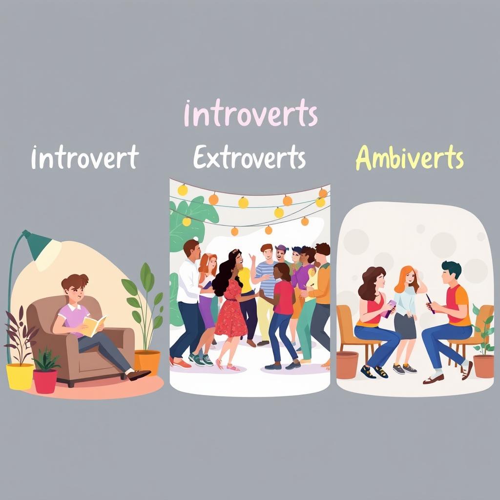 A creative and informative illustration capturing the essence of introverts, extroverts, and ambiverts