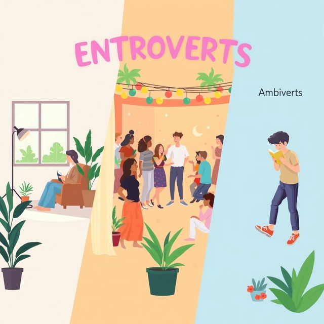 A creative and informative illustration capturing the essence of introverts, extroverts, and ambiverts