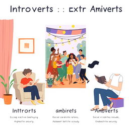 A creative and informative illustration capturing the essence of introverts, extroverts, and ambiverts