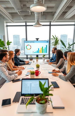 A modern office environment focused on customer-centric loan management approaches, showcasing a diverse group of professionals engaged in discussions and strategies to improve customer experiences in financial services