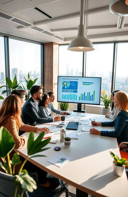 A modern office environment focused on customer-centric loan management approaches, showcasing a diverse group of professionals engaged in discussions and strategies to improve customer experiences in financial services