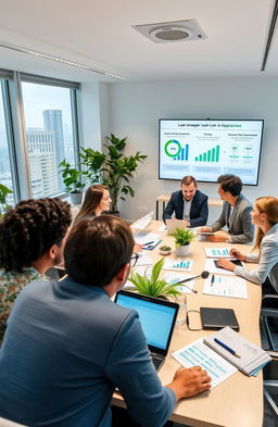 A modern office environment focused on customer-centric loan management approaches, showcasing a diverse group of professionals engaged in discussions and strategies to improve customer experiences in financial services