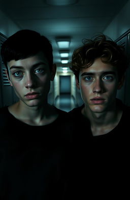 A shadowy and gloomy high school hallway, featuring two individuals