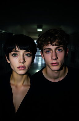 A shadowy and gloomy high school hallway, featuring two individuals