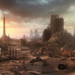 A desolate, apocalyptic landscape with remnants of civilization