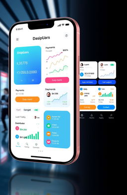 A modern and sleek loan management application interface showcasing various features such as loan calculators, payment reminders, and user account dashboards