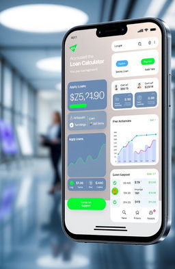 A modern and sleek loan management application interface showcasing various features such as loan calculators, payment reminders, and user account dashboards