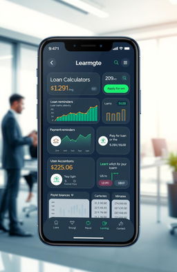 A modern and sleek loan management application interface showcasing various features such as loan calculators, payment reminders, and user account dashboards
