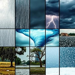 A split picture showcasing a dramatic weather scene with five distinct panels