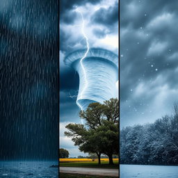 A split picture showcasing a dramatic weather scene with five distinct panels
