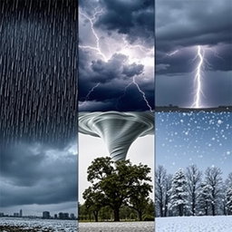 A split picture showcasing a dramatic weather scene with five distinct panels