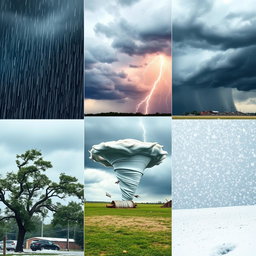 A split picture showcasing a dramatic weather scene with five distinct panels