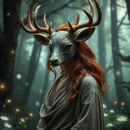 A stoic human figure adorned with an elaborate deer mask, set in a mesmerizing fantasy landscape