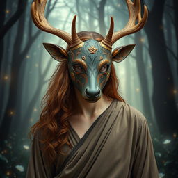 A stoic human figure adorned with an elaborate deer mask, set in a mesmerizing fantasy landscape