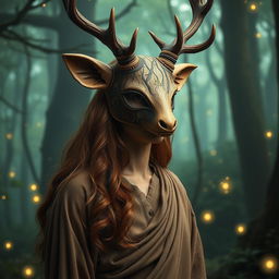 A stoic human figure adorned with an elaborate deer mask, set in a mesmerizing fantasy landscape