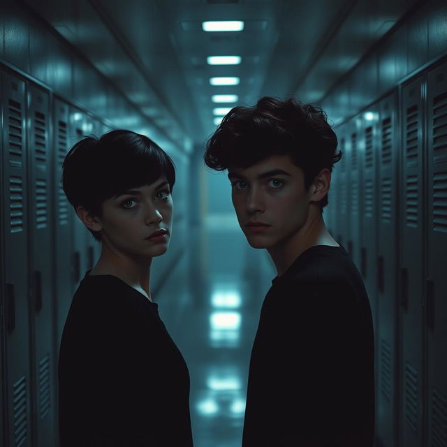 A shadowy and gloomy high school hallway, featuring two individuals facing away from each other, conveying a sense of anger and tension