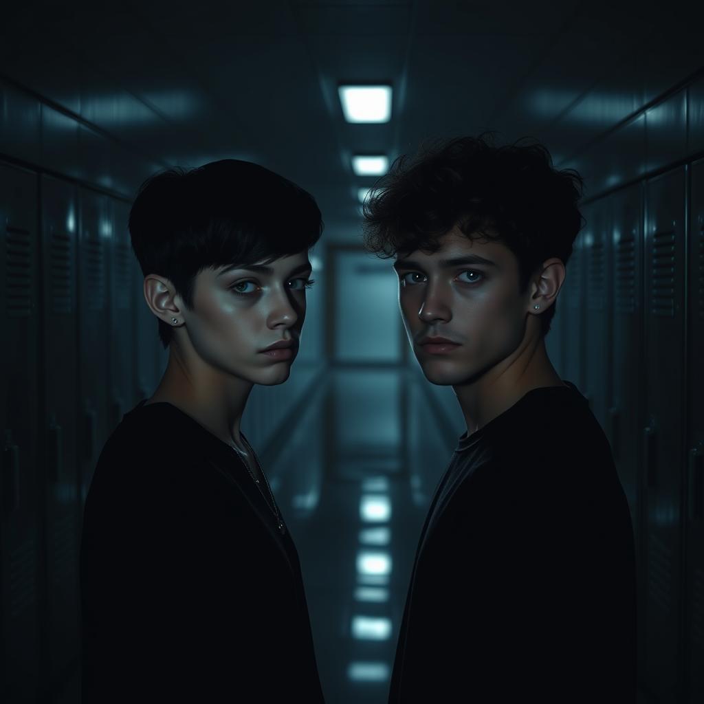 A shadowy and gloomy high school hallway, featuring two individuals facing away from each other, conveying a sense of anger and tension