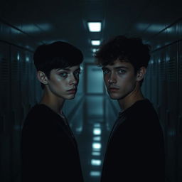 A shadowy and gloomy high school hallway, featuring two individuals facing away from each other, conveying a sense of anger and tension