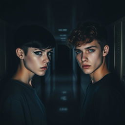 A shadowy and gloomy high school hallway, featuring two individuals facing away from each other, conveying a sense of anger and tension