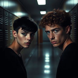 A shadowy and gloomy high school hallway, featuring two individuals facing away from each other, conveying a sense of anger and tension
