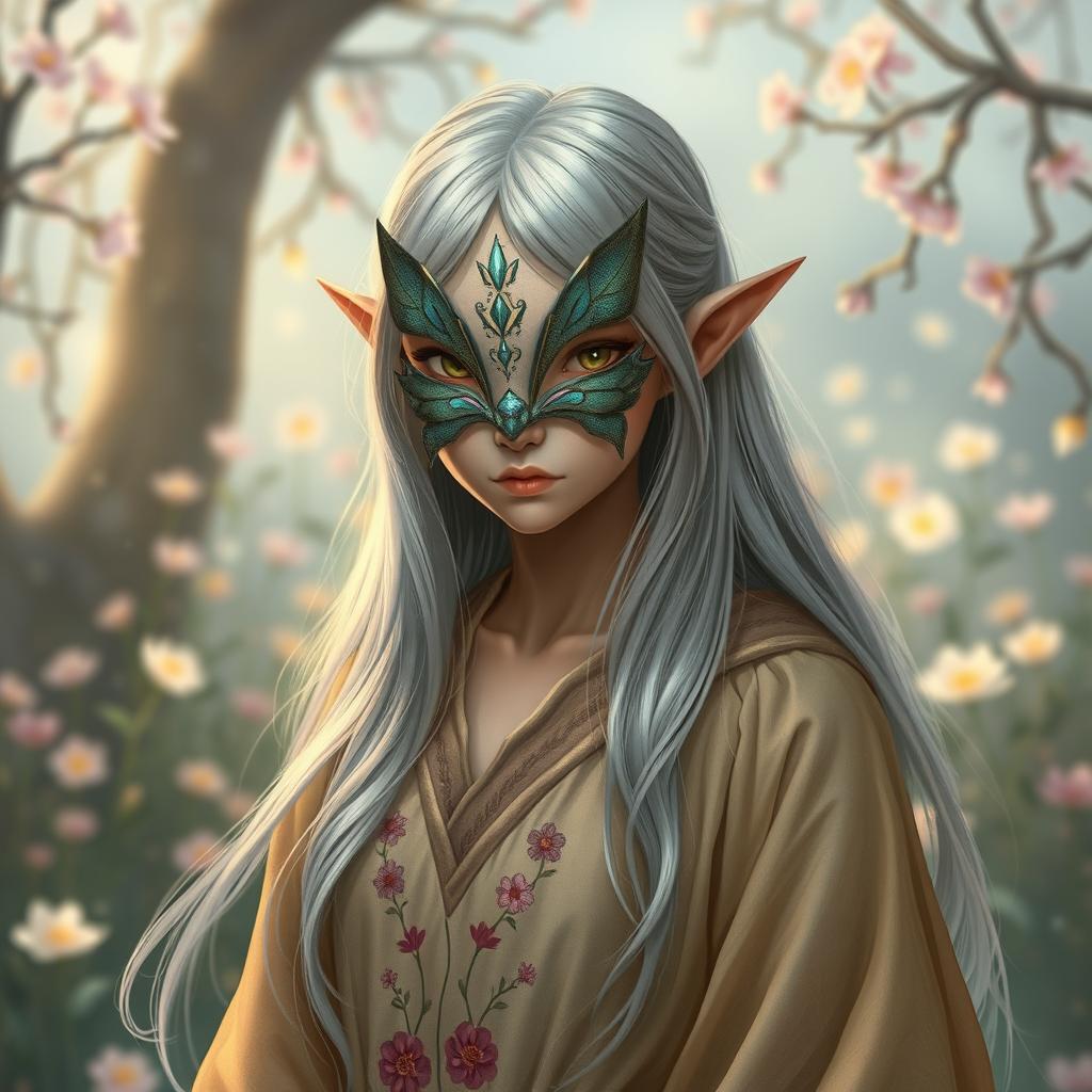 A stoic half-elf character adorned with an intricately designed moth mask, set in a whimsical fantasy environment