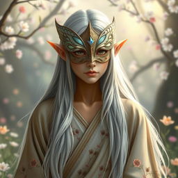 A stoic half-elf character adorned with an intricately designed moth mask, set in a whimsical fantasy environment