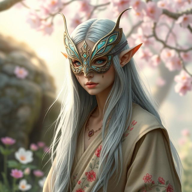 A stoic half-elf character adorned with an intricately designed moth mask, set in a whimsical fantasy environment