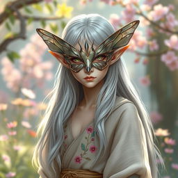 A stoic half-elf character adorned with an intricately designed moth mask, set in a whimsical fantasy environment